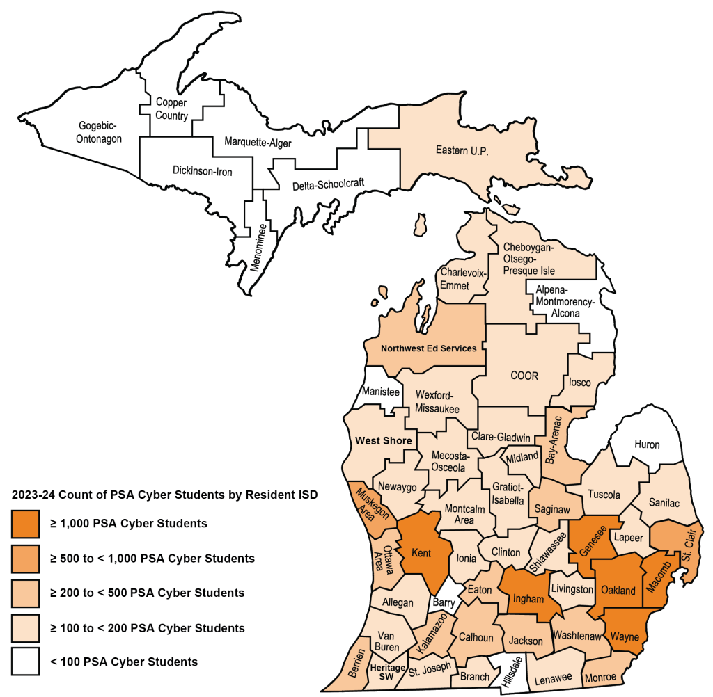 Map shows Michigan ISDs colored by the percentage of PSA cyber students by resident ISD. The majority of counties have less than 200 resident students who attend a PSA Cyber school. Counties with the highest percentage include Genesee, Ingham, Kent, Macomb, Oakland, and Wayne.