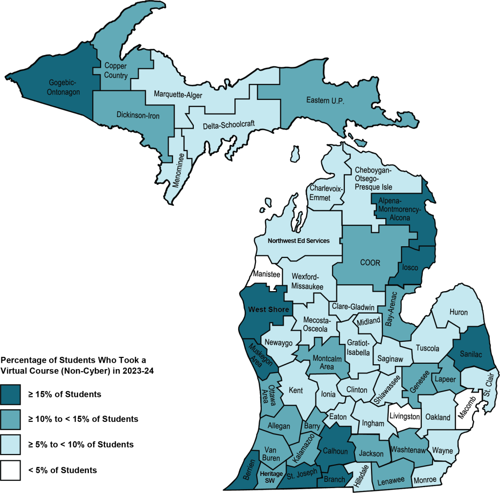 Map shows Michigan ISDs colored by the percentage of students who took at least one virtual course. All but three ISDs have some color of blue meaning they had at least 5% or more of their students take a virtual course (non-cyber) in 2023-24. In contrast, 10 ISDs had 15% or more of its students with virtual enrollments; see the preceding paragraph for more detail.